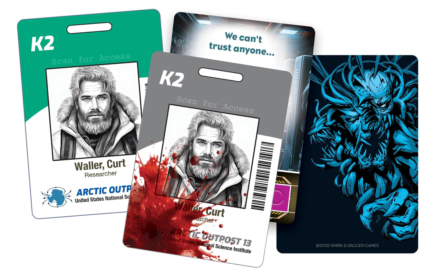 Three horror game cards including two Arctic ID badges, one bloodied, and a blue illustrated creature against a dark background
