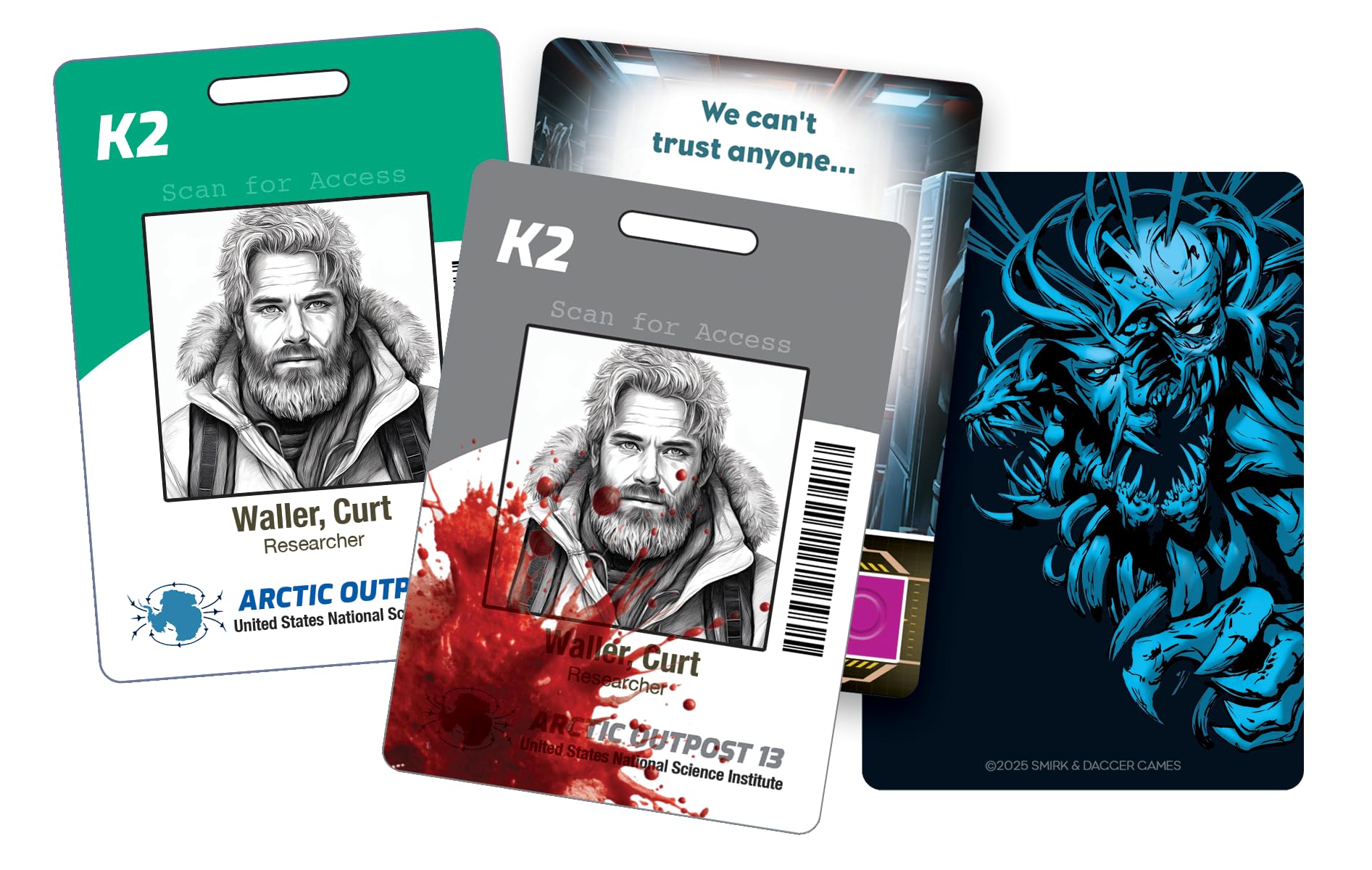 Three horror game cards including two Arctic ID badges, one bloodied, and a blue illustrated creature against a dark background