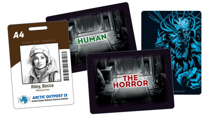 Four Frozen Horror game components include a Becca Riley ID badge, dark corridor cards marked Human and The Horror, and a striking blue monster illustration
