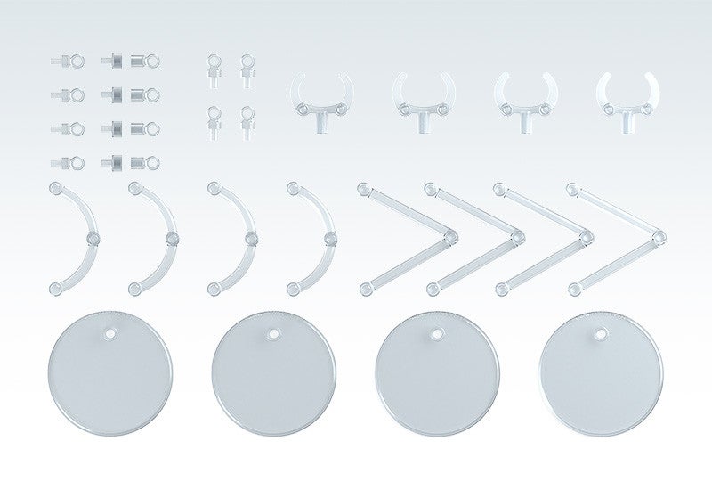 Assortment of clear plastic action figure display stands and accessories including bases arms and joint pieces