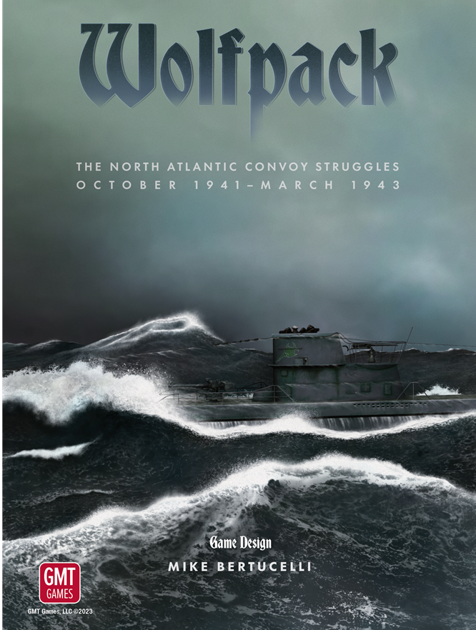 Cover for "Wolfpack" game shows a U-boat amidst crashing waves in a dark, stormy North Atlantic