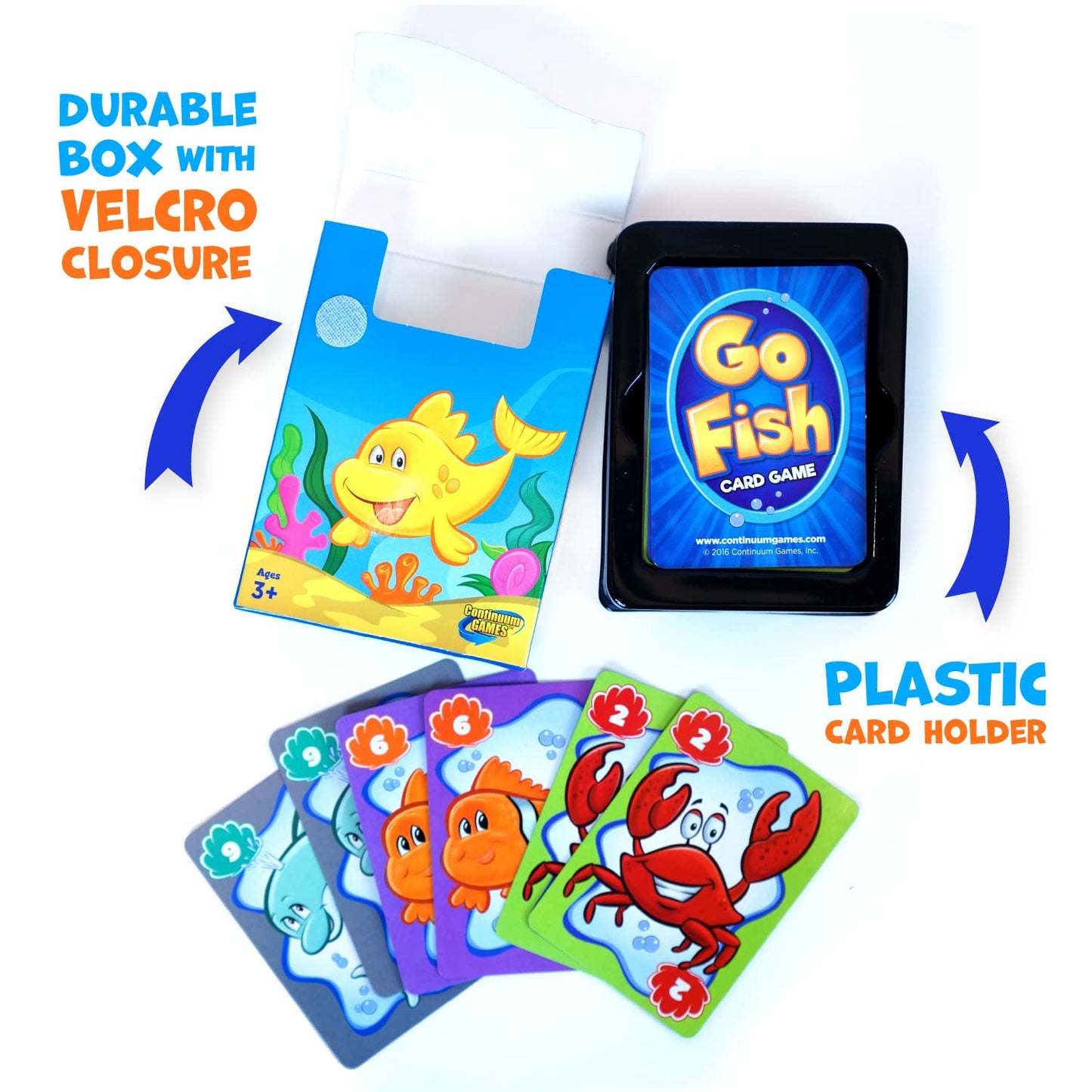 Continuum Games Go Fish Card Game displayed with the open blue box, black plastic tray, and several colorful cards showing a crab and other sea creatures