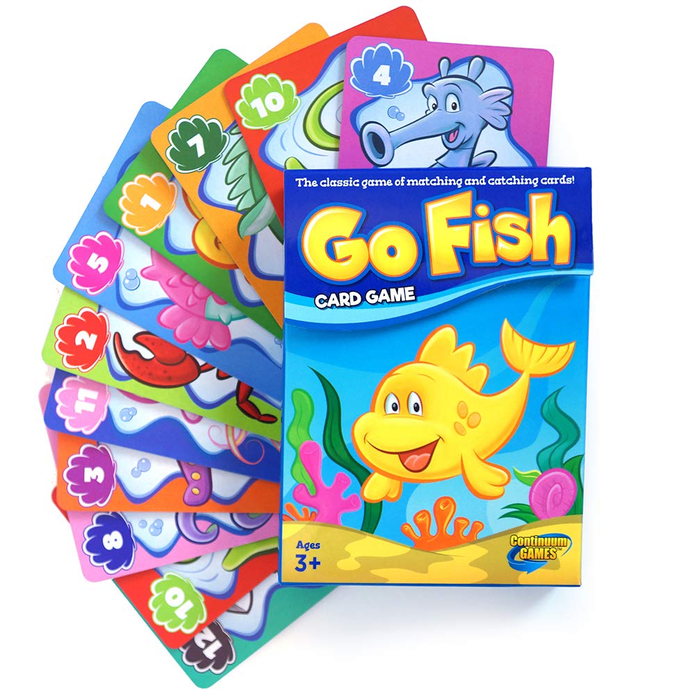 Colorful Continuum Games Go Fish Card Game packaging featuring a happy yellow fish is shown standing before a wide array of oversized, numbered cards