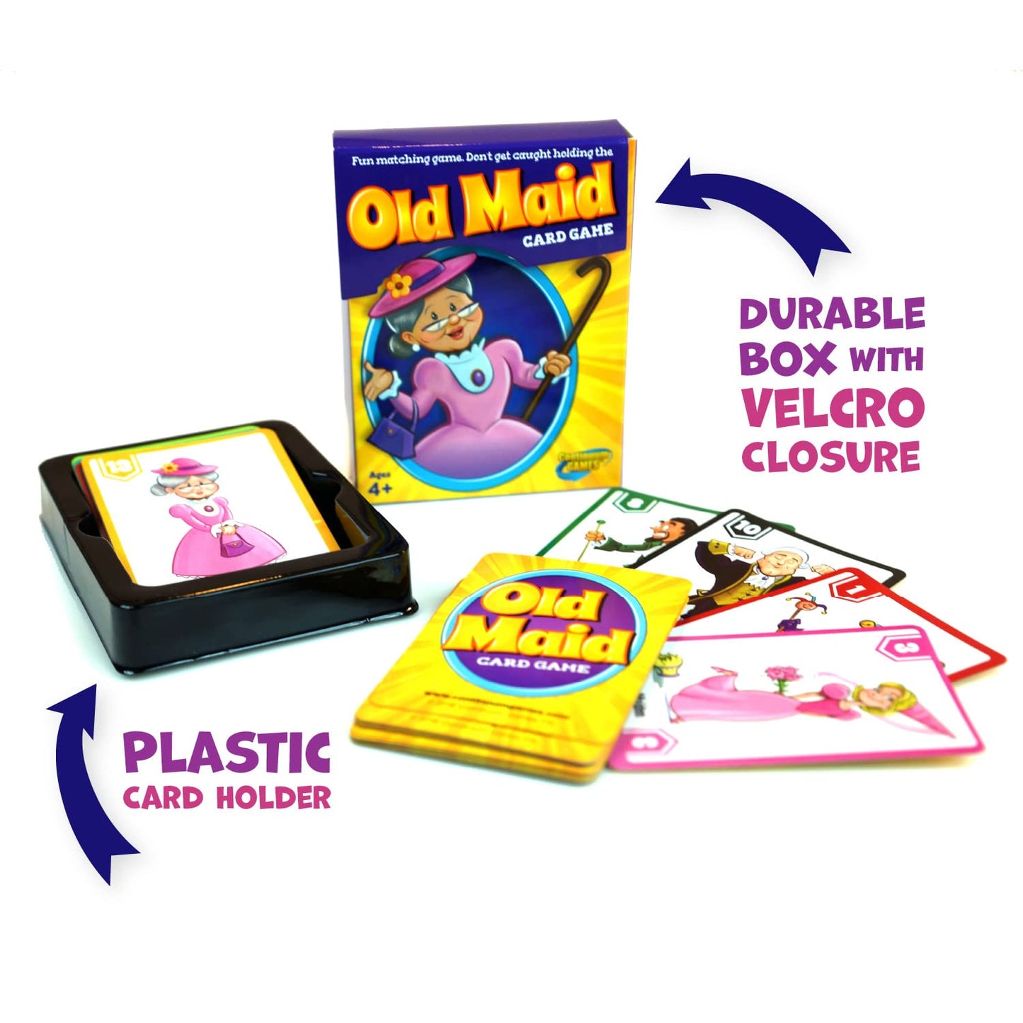 The Continuum Games Old Maid Card Game is shown with its purple Velcro-closure box, a black plastic tray, and several colorful face cards laid out