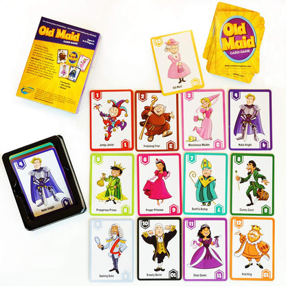 The Continuum Games Old Maid Card Game is spread open on a white surface, showing the purple packaging, a storage tin, and many character cards like the Noble Knight and Old Maid