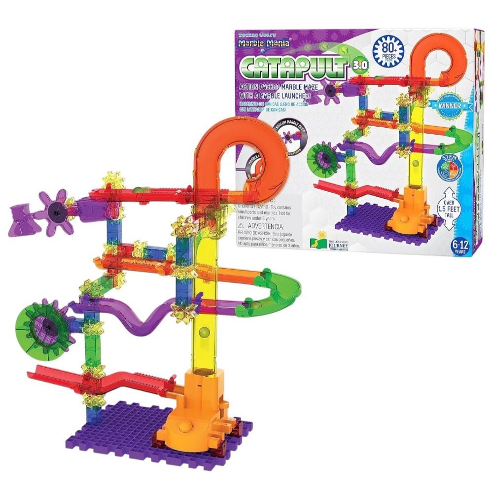 Techno Gears Marble Mania Catapult 3.0 marble maze toy, featuring colourful translucent tracks, gears, and launcher, shown next to its product box