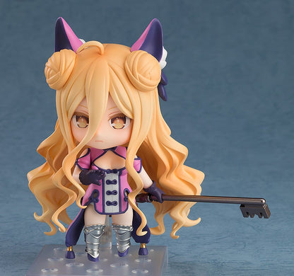 Chibi anime figurine with blonde hair pink dress and purple accents holding a large key