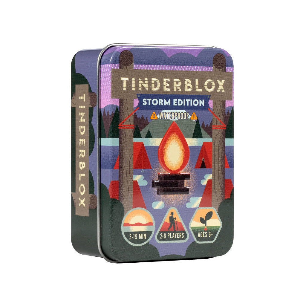 Tinderblox Storm Edition game tin with camping artwork, depicting a glowing campfire and tents
