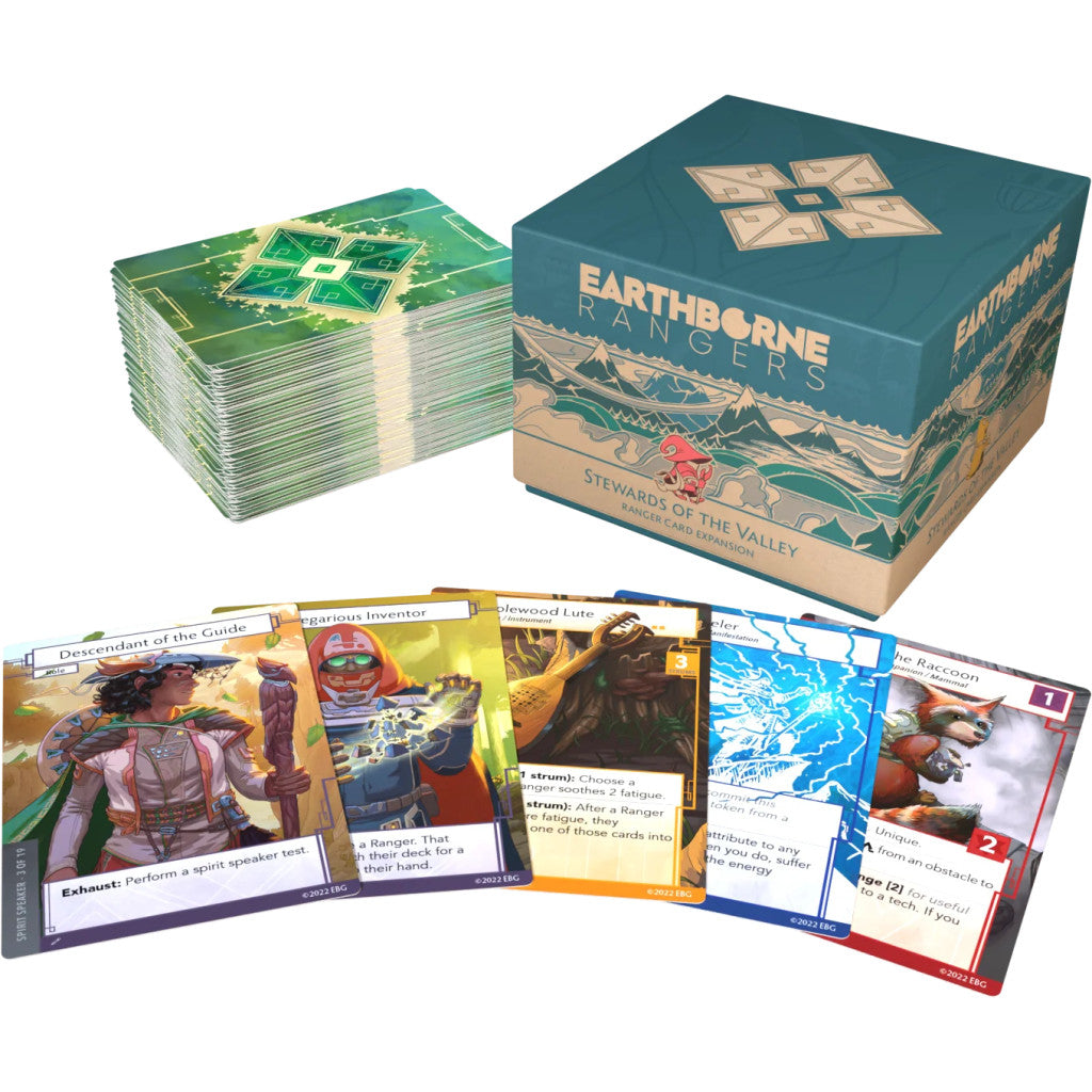 Earthborne Rangers: Stewards of the Valley expansion box, stacked green cards, and five illustrated character game cards