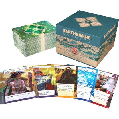 Earthborne Rangers: Stewards of the Valley expansion box, stacked green cards, and five illustrated character game cards