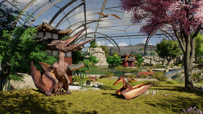 Brown pterosaurs in a giant glass aviary featuring Asian garden elements, pagodas, and pink cherry blossoms