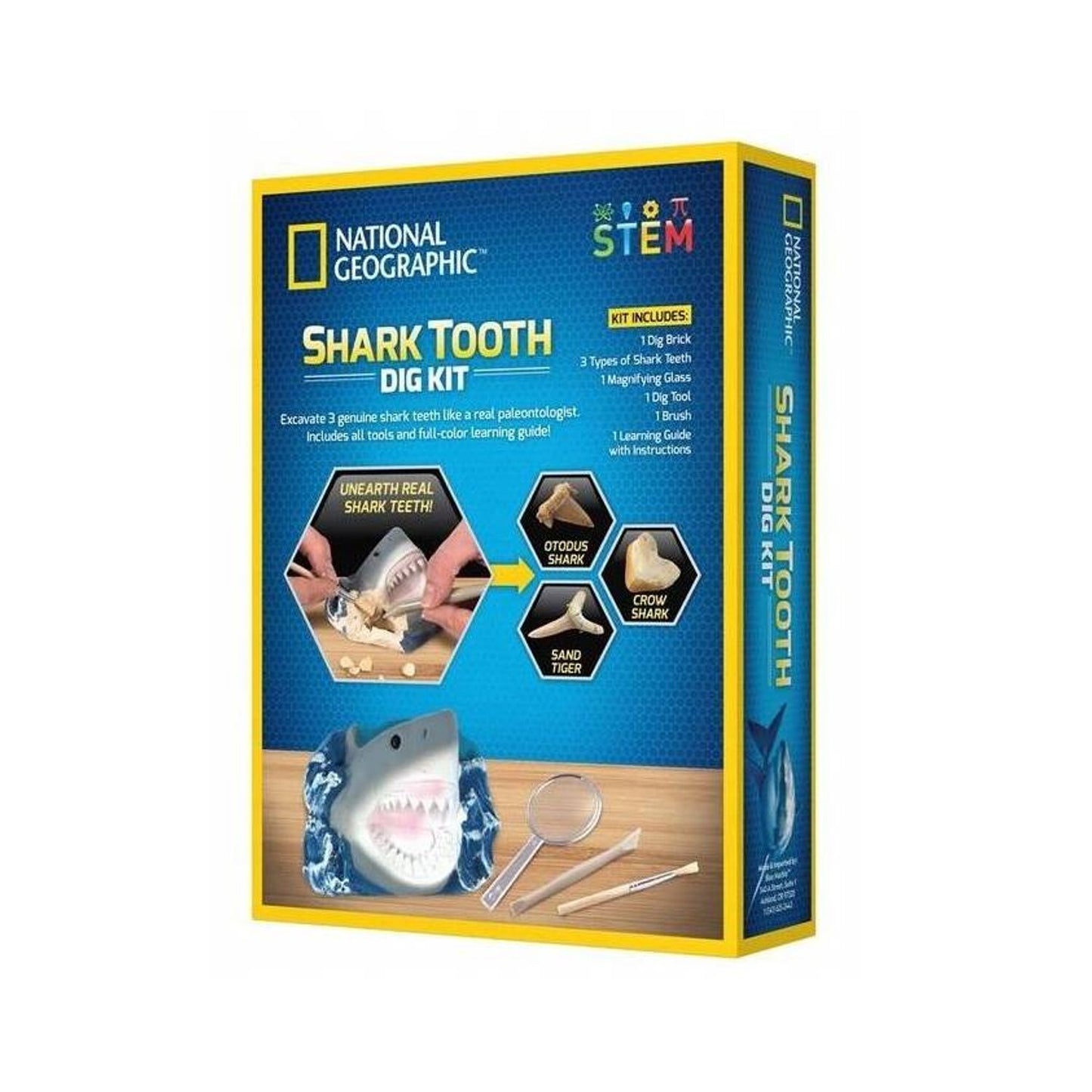 National Geographic STEM Shark Tooth Dig Kit box, showing tools, a shark model, and examples of fossil teeth