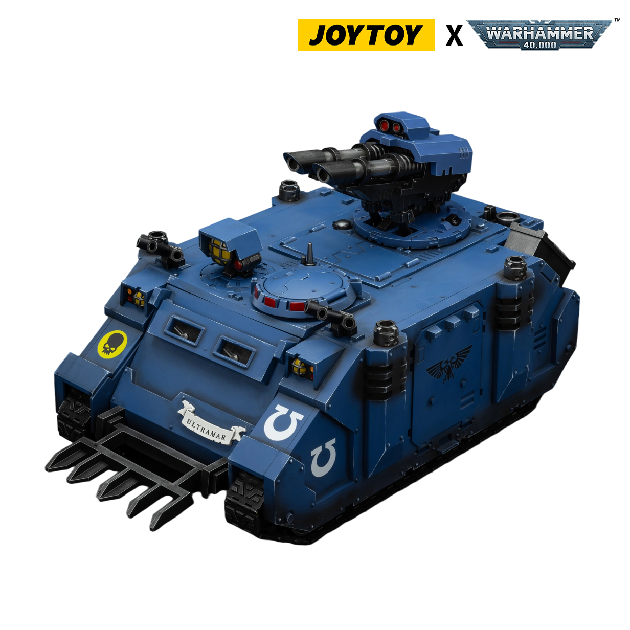 Blue JoyToy Warhammer 40K Ultramarines Razorback armored vehicle miniature with twin heavy weapon turret