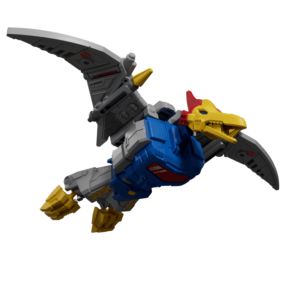 Transformers Generations Legacy Velocitron Speedia 500 Collection Cosmos robot action figure in pterodactyl alt mode flying with blue gray and yellow armor