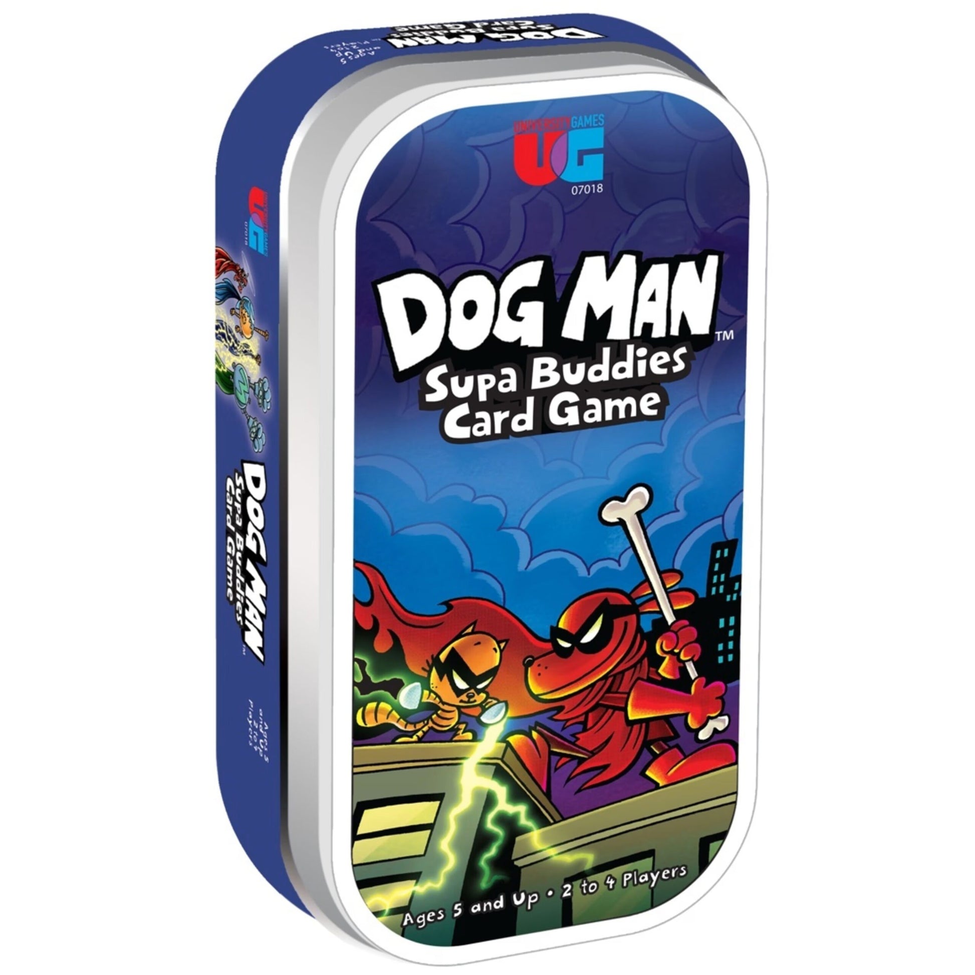 Dog Man Supa Buddies Card Game tin featuring Dog Man and Cat Kid superheroes on a stormy rooftop