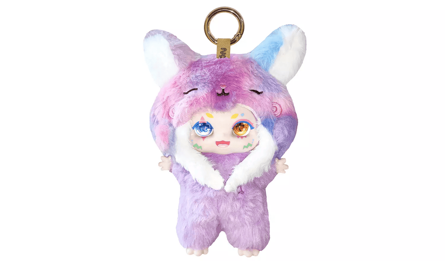 Fluffy purple galaxy plush keychain charm with large ears and mismatched blue and gold eyes