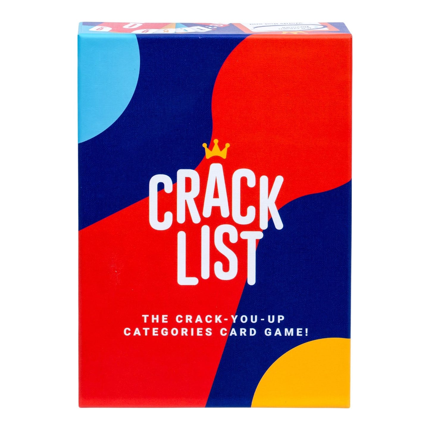 Crack List categories card game box with abstract red and blue design, white title text, and a yellow crown logo