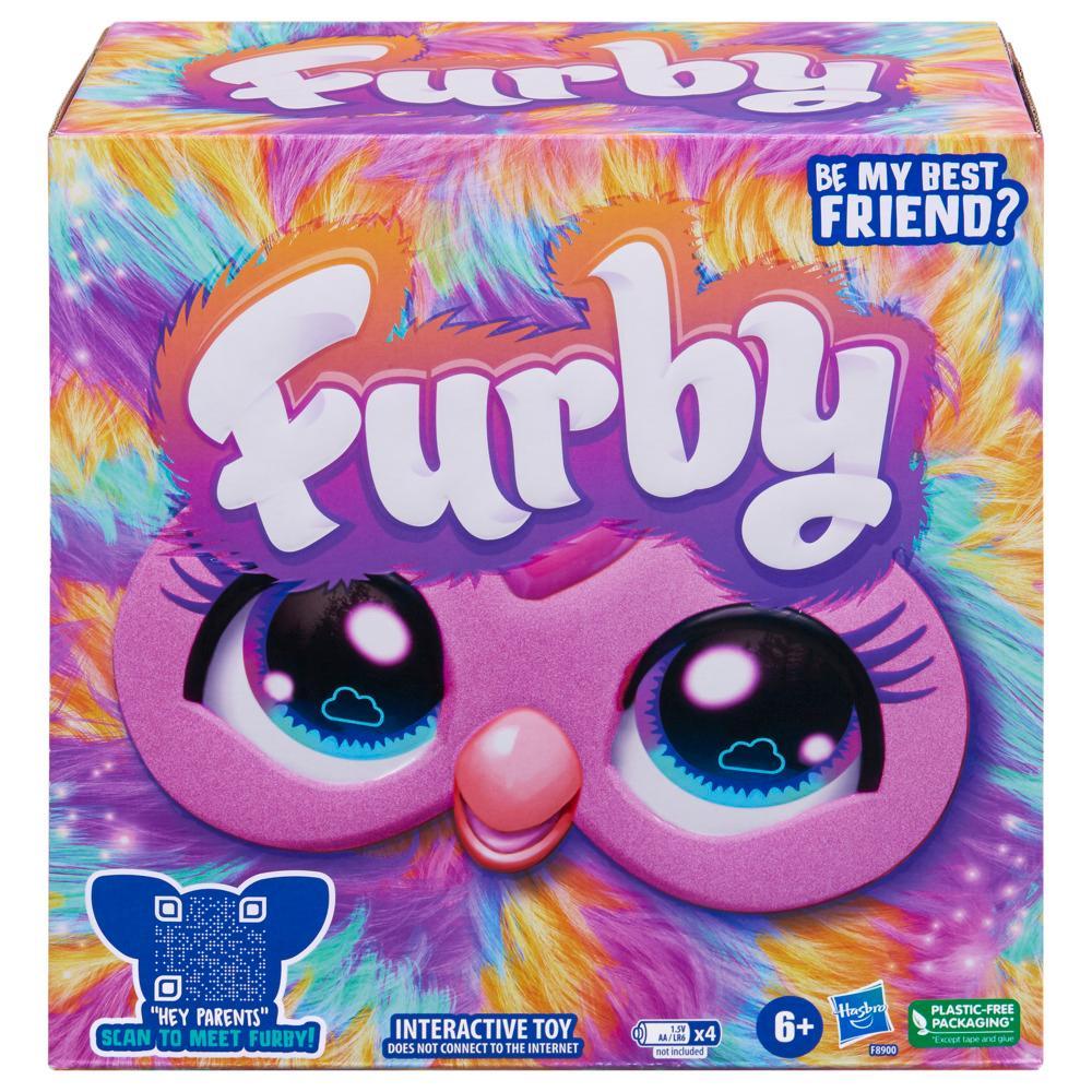 Vibrant Furby toy box with a pink Furby face, big eyes, and "Furby" logo over a rainbow faux fur pattern