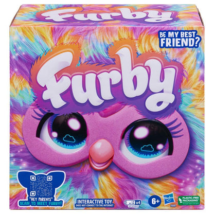 Vibrant Furby toy box with a pink Furby face, big eyes, and "Furby" logo over a rainbow faux fur pattern