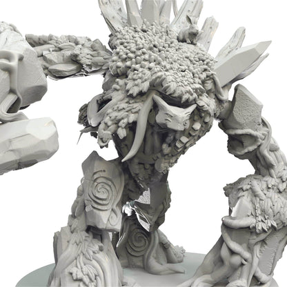 Grey stone and root golem, adorned with leaves, crystals, and tusks, with a small rabbit on its back.