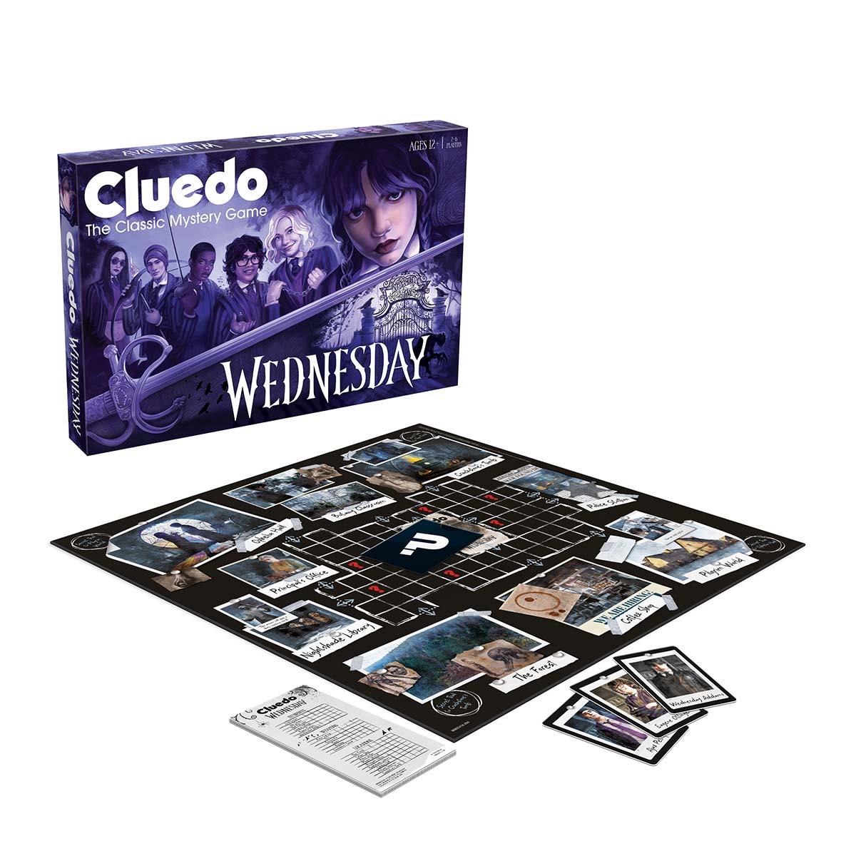 Cluedo: Wednesday board game box, game board, and cards displayed