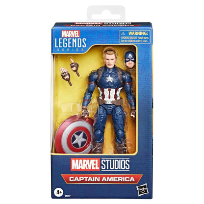 A Marvel Legends Series Captain America action figure in retail packaging, displaying the figure with a shield, interchangeable hands, and a masked head
