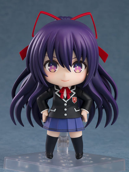 Nendoroid Tohka Yatogami figure in her Raijin High School uniform with purple hair and red ribbon stand on the clear base