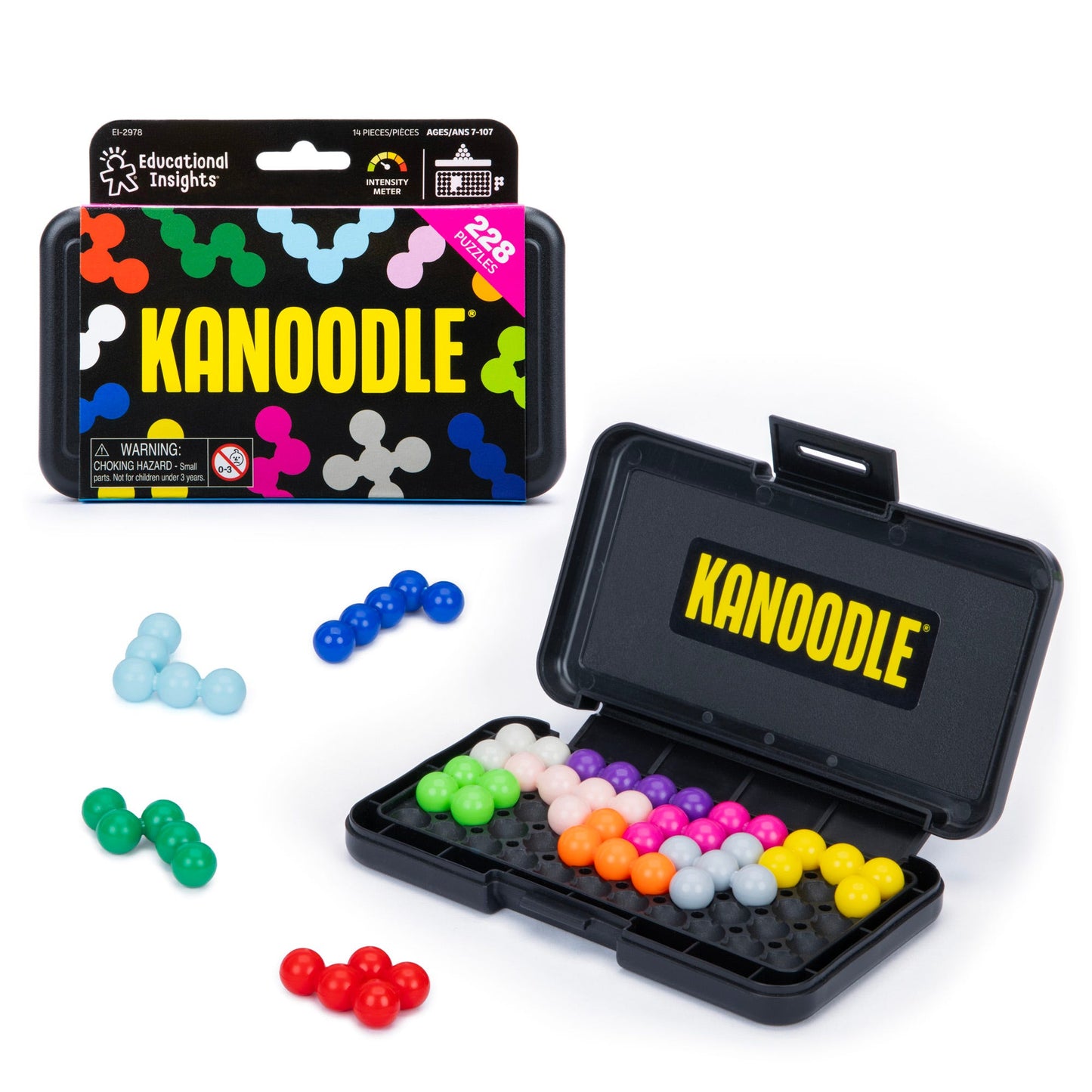 Kanoodle puzzle game box and open black case filled with multicoloured, interlocking spherical pieces