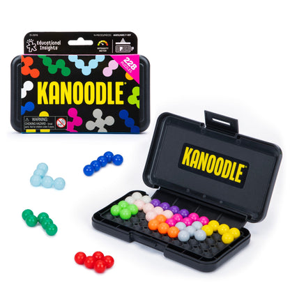 Kanoodle puzzle game box and open black case filled with multicoloured, interlocking spherical pieces