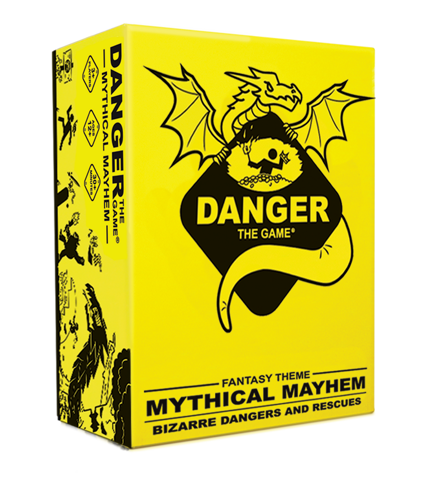 Yellow "Danger: The Game - Mythical Mayhem" board game box. A black dragon holds a hazard sign with a falling person.