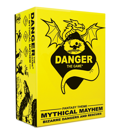 Yellow "Danger: The Game - Mythical Mayhem" board game box. A black dragon holds a hazard sign with a falling person.