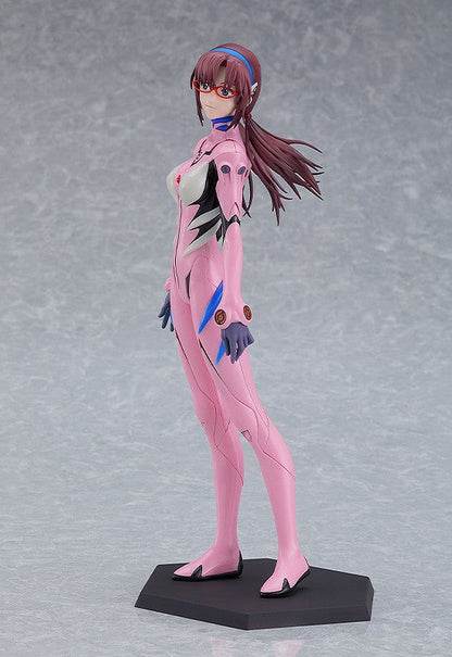 Mari Illustrious Makinami figurine in pink plugsuit, red glasses, and blue headband, looking over shoulder on a dark base