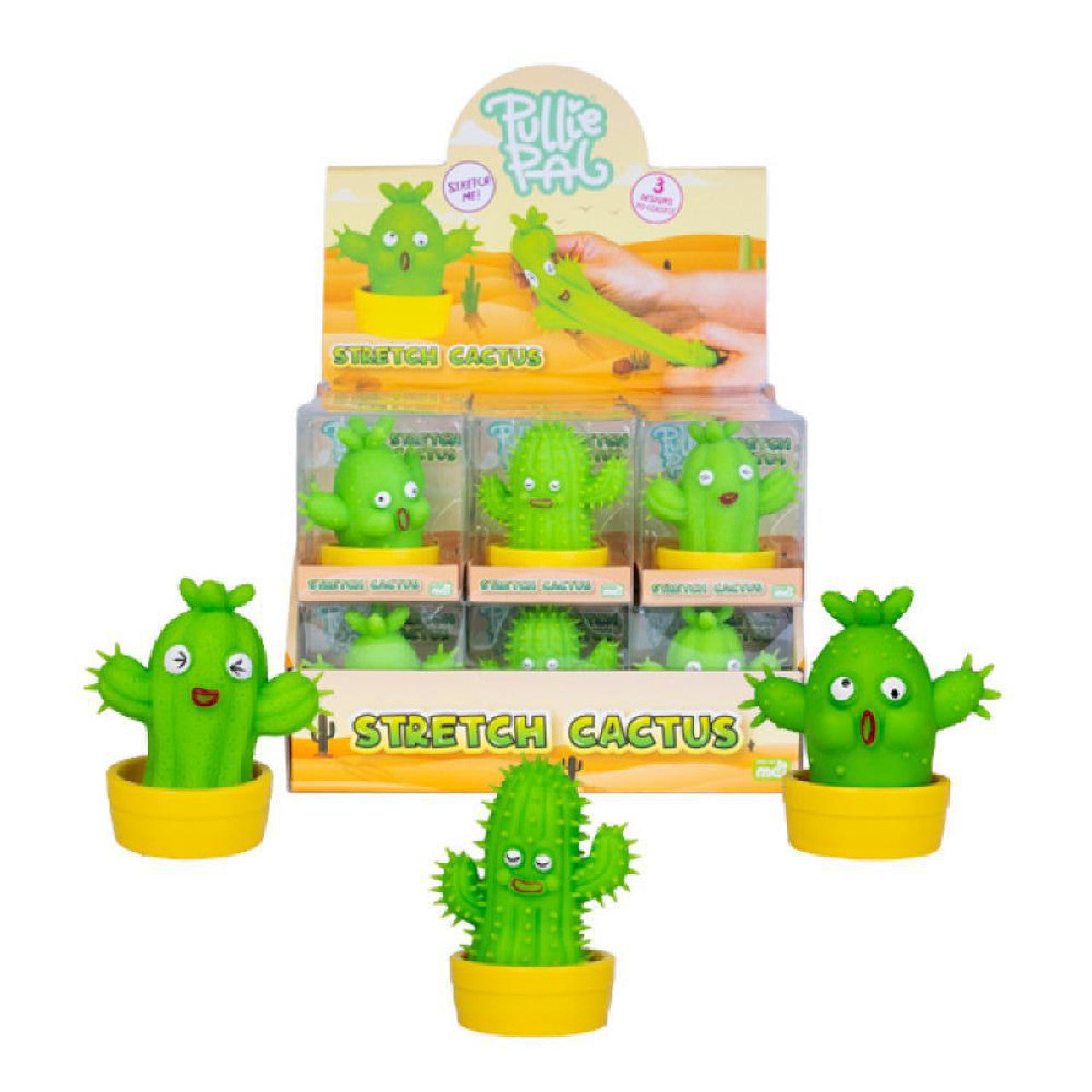 Retail display of multiple green, cartoon cactus stretch fidget toys in yellow flowerpots
