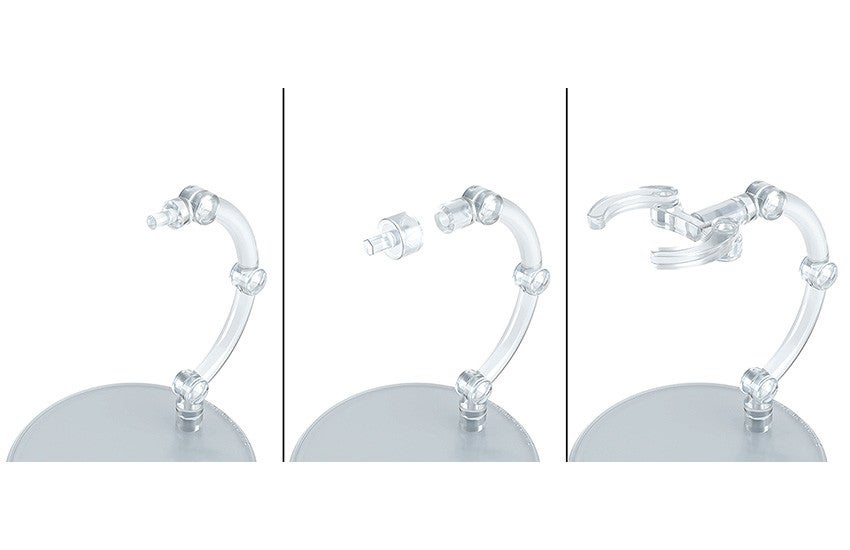 Three images show assembly steps for a clear plastic display stand