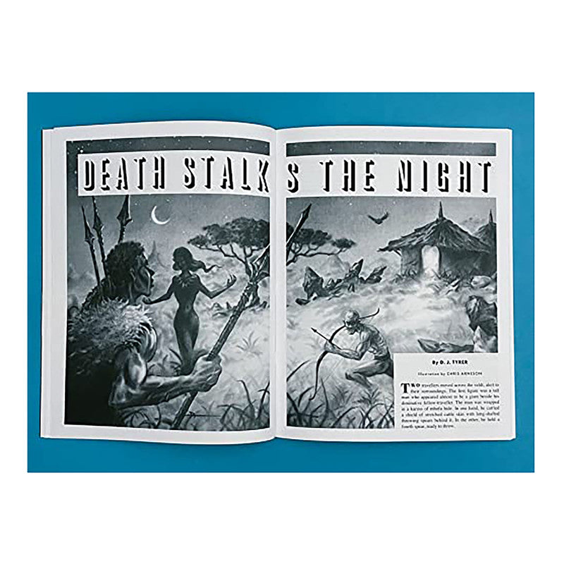 Death Stalks the Night pulp magazine spread with monochrome jungle art