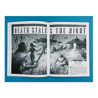 Death Stalks the Night pulp magazine spread with monochrome jungle art