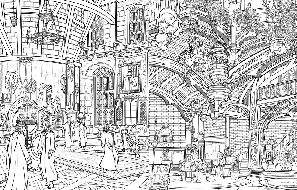 Detailed line drawing of students in robes walking and sitting in a grand, multi-level hall with arches and plants