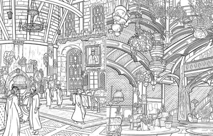 Detailed line drawing of students in robes walking and sitting in a grand, multi-level hall with arches and plants
