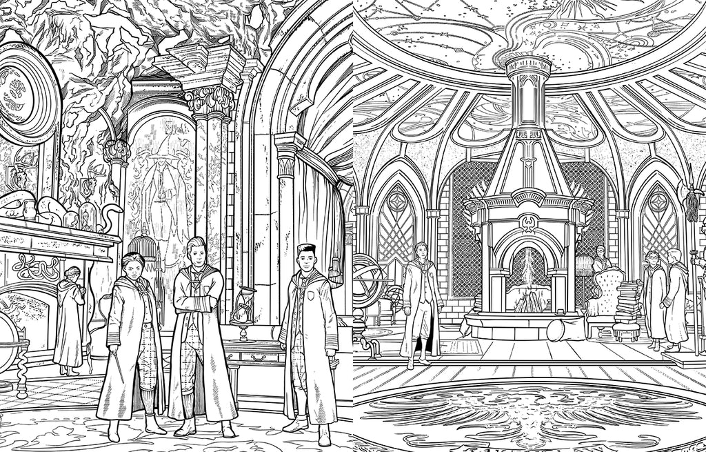 Black and white drawing of young students in robes in a grand magical hall with a large fireplace and ornate pool
