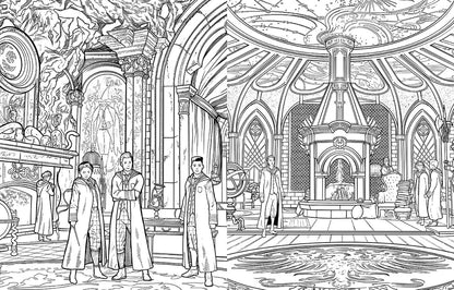 Black and white drawing of young students in robes in a grand magical hall with a large fireplace and ornate pool