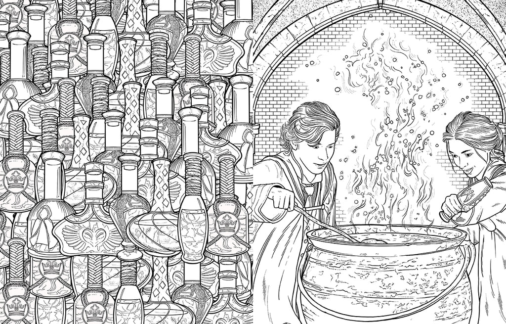 Two students stir a steaming cauldron, while one adds ingredients. A dense background of various potion bottles
