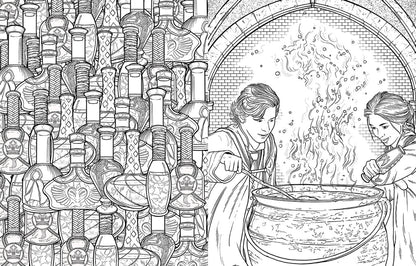 Two students stir a steaming cauldron, while one adds ingredients. A dense background of various potion bottles
