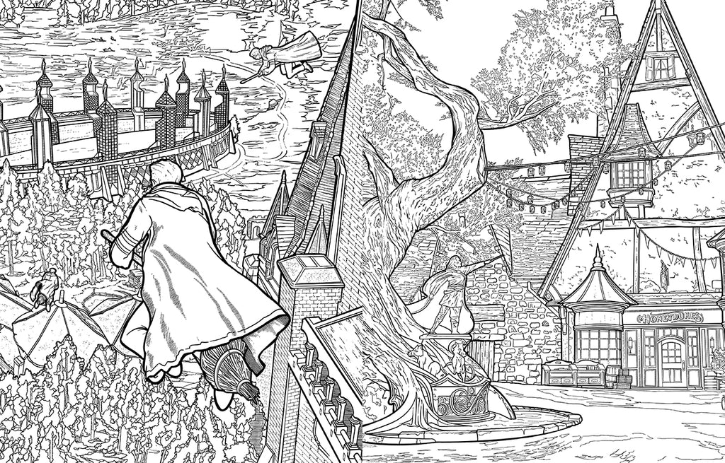 Black and white coloring page of a wizard on a broom flying over Hogsmeade village (with Honeydukes) and Hogwarts Castle