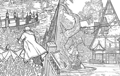 Black and white coloring page of a wizard on a broom flying over Hogsmeade village (with Honeydukes) and Hogwarts Castle