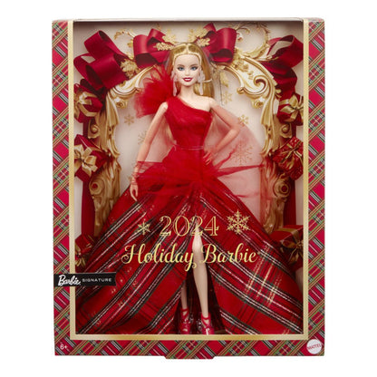 A 2024 Holiday Barbie doll in a red plaid gown with shimmering gold details and tulle -  displayed in a festive box