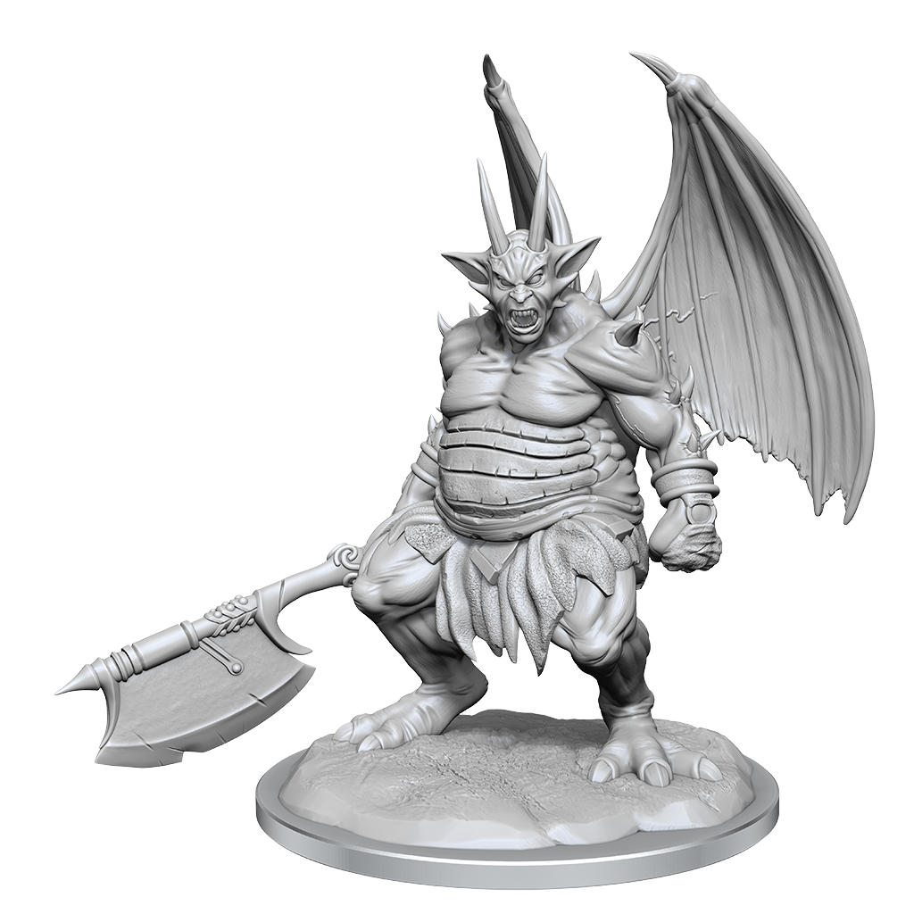 Grey unpainted fantasy miniature: a horned, winged demon snarls, holding a large axe, standing on a base