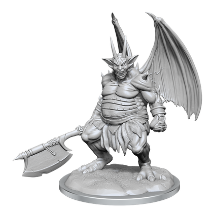 Grey unpainted fantasy miniature: a horned, winged demon snarls, holding a large axe, standing on a base