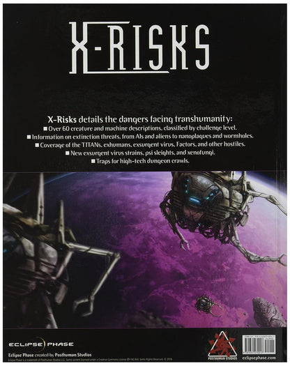 X-Risks book back cover: A large, multi-limbed alien machine with glowing blue lights floats in space near a purple planet