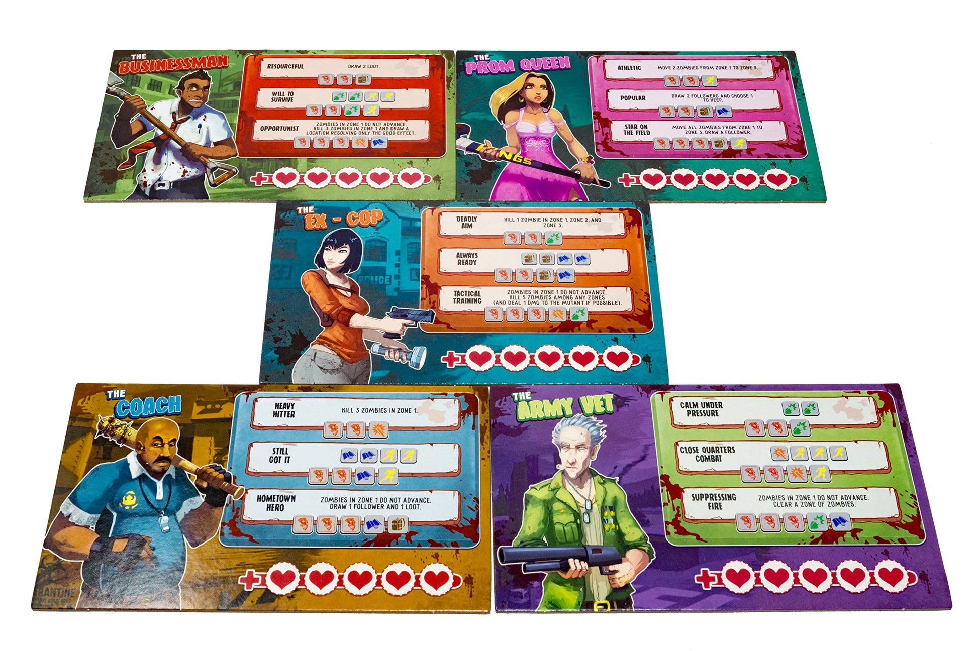 Five character boards from a zombie survival game. Each depicts a unique armed survivor: businessman, prom queen, ex-cop, coach, army vet.