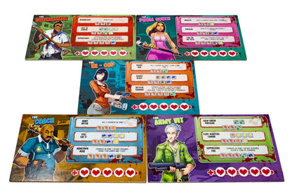 Five character boards from a zombie survival game. Each depicts a unique armed survivor: businessman, prom queen, ex-cop, coach, army vet.